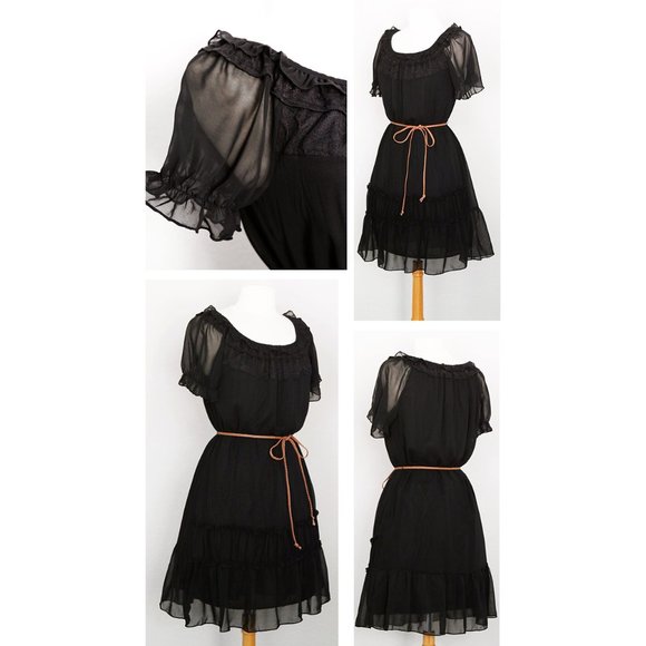 Black Sheer Chiffon Frill Ruffle Shift Dress +BELT - Picture 6 of 8